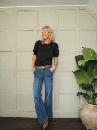 Varaia Top with Elbow Length Ruched Sleeves by Part Two - Navy Blue, Silver