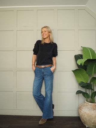 Varaia Top with Elbow Length Ruched Sleeves by Part Two - Navy Blue, Silver