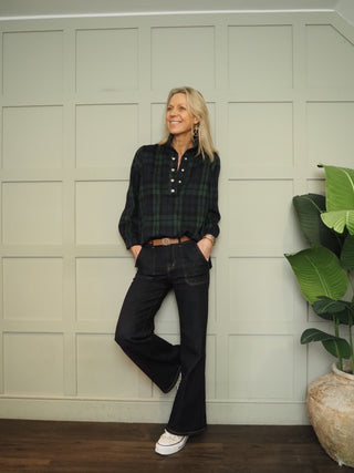 Bobby Tartan Blouse with Pleated Collar - Green/Navy Blue