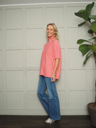 Nancy Ribbed TurtleNeck Jumper with Elbow Length Sleeves - Cobalt, Coral, Green, Pale Pink and Rose Pink