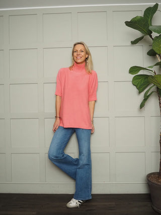 Nancy Ribbed TurtleNeck Jumper with Elbow Length Sleeves - Cobalt, Coral, Green, Pale Pink and Rose Pink
