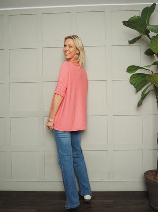 Nancy Ribbed TurtleNeck Jumper with Elbow Length Sleeves - Cobalt, Coral, Green, Pale Pink and Rose Pink