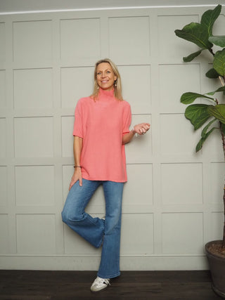 Nancy Ribbed TurtleNeck Jumper with Elbow Length Sleeves - Cobalt, Coral, Green, Pale Pink and Rose Pink