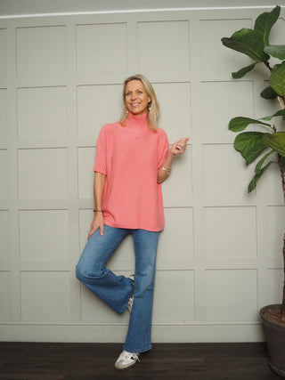 Nancy Ribbed TurtleNeck Jumper with Elbow Length Sleeves - Cobalt, Coral, Green, Pale Pink and Rose Pink