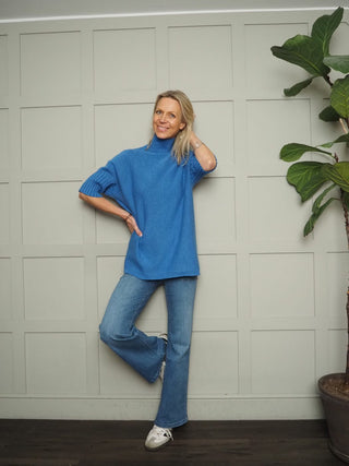 Nancy Ribbed TurtleNeck Jumper with Elbow Length Sleeves - Cobalt, Coral, Green, Pale Pink and Rose Pink