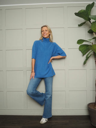 Nancy Ribbed TurtleNeck Jumper with Elbow Length Sleeves - Cobalt, Coral, Green, Pale Pink and Rose Pink