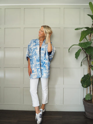 Sika Toile Print Relaxed Fit Jacket with Quilting Detail - Camel, Cobalt Blue and Khaki