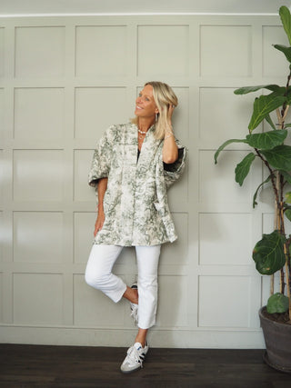 Sika Toile Print Relaxed Fit Jacket with Quilting Detail - Camel, Cobalt Blue and Khaki