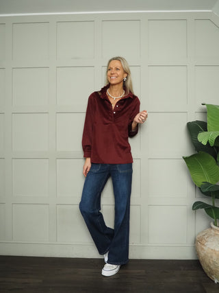 Ravenswood Blouse with Pleated Collar - Burgundy