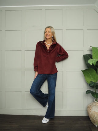 Ravenswood Blouse with Pleated Collar - Burgundy