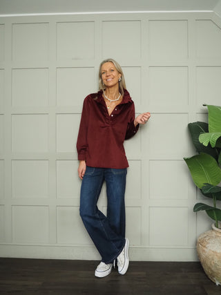 Ravenswood Blouse with Pleated Collar - Burgundy
