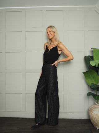 Cahlina High Waisted Trousers by Soaked - Black/Silver Lurex