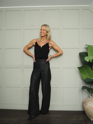 Cahlina High Waisted Trousers by Soaked - Black/Silver Lurex