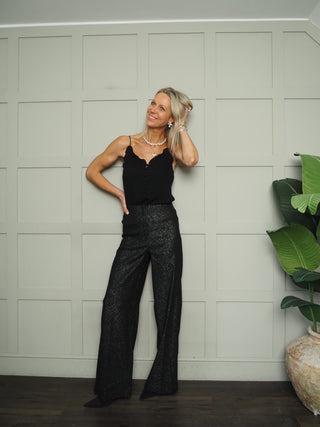 Cahlina High Waisted Trousers by Soaked - Black/Silver Lurex