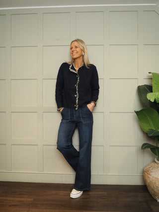 Cambridge Cardigan with Floral Details - Navy