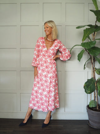 Selfridge V-Neck, Long Sleeve Wrapover Dress - Pink Floral