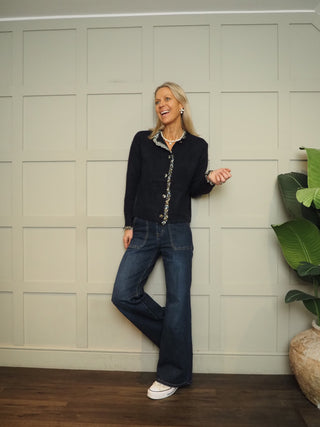 Cambridge Cardigan with Floral Details - Navy