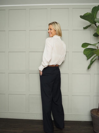 Keera Wide Leg Tailored Trousers with Satin Pin Stripe by Moss Copenhagen - Navy Blue