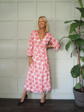 Selfridge V-Neck, Long Sleeve Wrapover Dress - Pink Floral