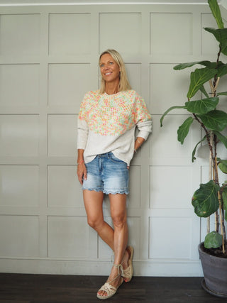 Twilli Popcorn Round Neck Jumper with Ribbed Cuffs and Hem - Camel, Grey/Neon and Sky Blue