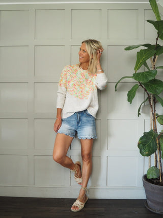 Twilli Popcorn Round Neck Jumper with Ribbed Cuffs and Hem - Camel, Grey/Neon and Sky Blue