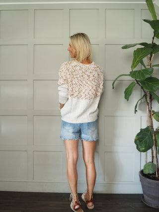 Twilli Popcorn Round Neck Jumper with Ribbed Cuffs and Hem - Camel, Grey/Neon and Sky Blue