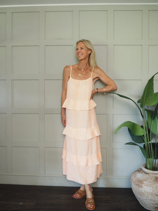 Austell Striped, Tiered Ruffle Dress - Neon Green, Neon Orange, Neon Pink, Neon Yellow