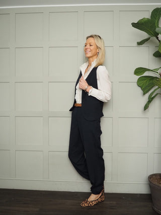 Ally Trousers with Satin Pin Stripe &amp; Elasticated Ankle Cuff by Moss Copenhagen - Navy Blue