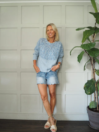 Twilli Popcorn Round Neck Jumper with Ribbed Cuffs and Hem - Camel, Grey/Neon and Sky Blue