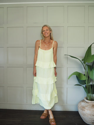 Austell Striped, Tiered Ruffle Dress - Neon Green, Neon Orange, Neon Pink, Neon Yellow