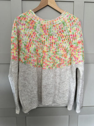 Twilli Popcorn Round Neck Jumper with Ribbed Cuffs and Hem - Camel, Grey/Neon and Sky Blue