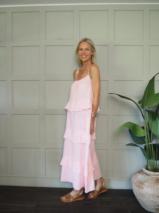 Austell Striped, Tiered Ruffle Dress - Neon Green, Neon Orange, Neon Pink, Neon Yellow