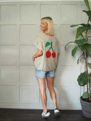 Chesney Short Sleeve, Tie Front Cardigan - Oatmeal with Cherry Motif