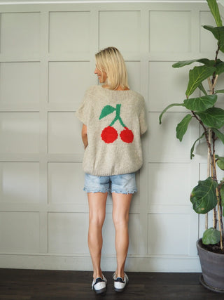 Chesney Short Sleeve, Tie Front Cardigan - Oatmeal with Cherry Motif