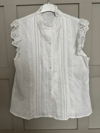 Fremmington Short Sleeve Blouse with Broderie Anglaise Detail - Baby Blue, Baby Pink, Oatmeal, Off White