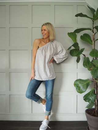 Senna Cotton, Gingham One Shoulder Top - Black, Green, Pink, Stone