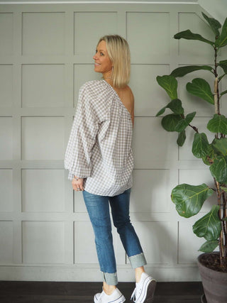 Senna Cotton, Gingham One Shoulder Top - Black, Green, Pink, Stone