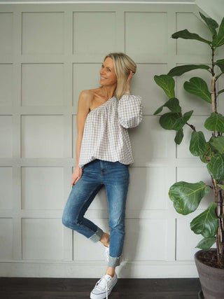 Senna Cotton, Gingham One Shoulder Top - Black, Green, Pink, Stone