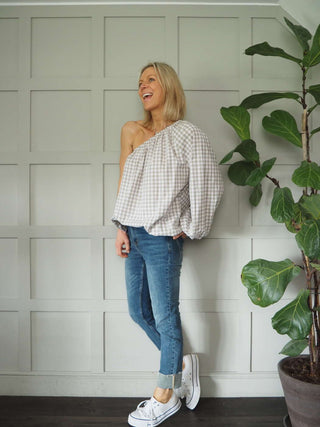 Senna Cotton, Gingham One Shoulder Top - Black, Green, Pink, Stone