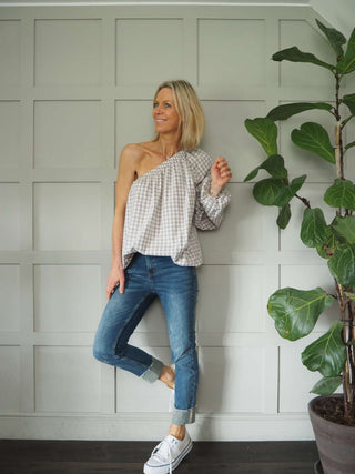 Senna Cotton, Gingham One Shoulder Top - Black, Green, Pink, Stone