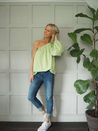 Senna Cotton, Gingham One Shoulder Top - Black, Green, Pink, Stone