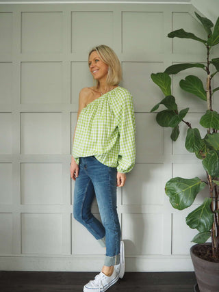 Senna Cotton, Gingham One Shoulder Top - Black, Green, Pink, Stone