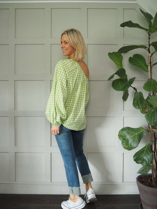 Senna Cotton, Gingham One Shoulder Top - Black, Green, Pink, Stone