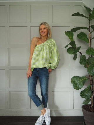 Senna Cotton, Gingham One Shoulder Top - Black, Green, Pink, Stone