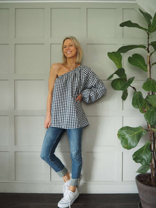 Senna Cotton, Gingham One Shoulder Top - Black, Green, Pink, Stone
