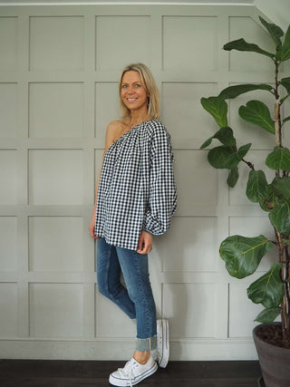 Senna Cotton, Gingham One Shoulder Top - Black, Green, Pink, Stone