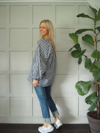 Senna Cotton, Gingham One Shoulder Top - Black, Green, Pink, Stone