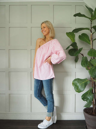 Senna Cotton, Gingham One Shoulder Top - Black, Green, Pink, Stone