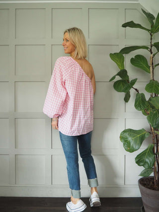 Senna Cotton, Gingham One Shoulder Top - Black, Green, Pink, Stone