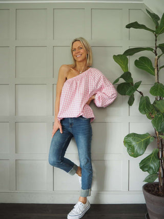 Senna Cotton, Gingham One Shoulder Top - Black, Green, Pink, Stone